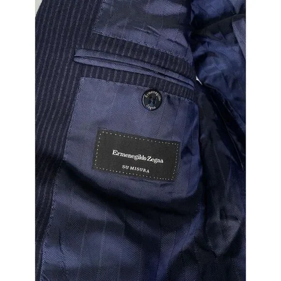 Ermenegildo Zegna Su Misura‎ Mens Sport Coat Navy Blue Stripes 46R Wool Silk